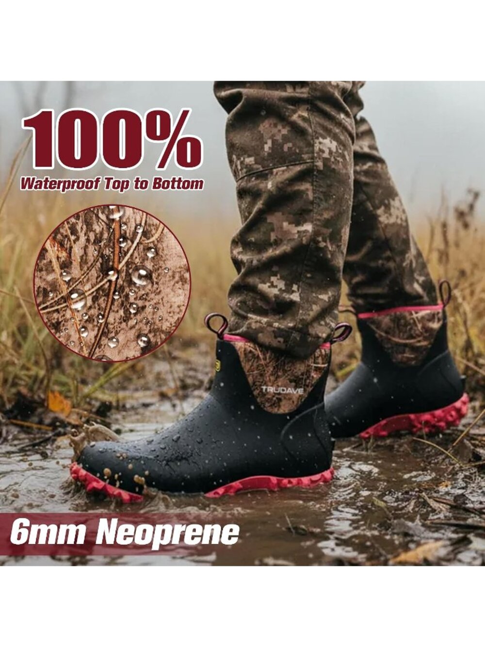 Women's Camo Rr Pink Rubber Waterproof Anti-Slip Outdoor 6mm Neoprene Rain Boot - Picture 2 of 6